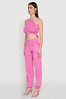 Womens Spoon Jeans Gauze Knit Tie Back Cropped Halter Top, Pink, Size XL