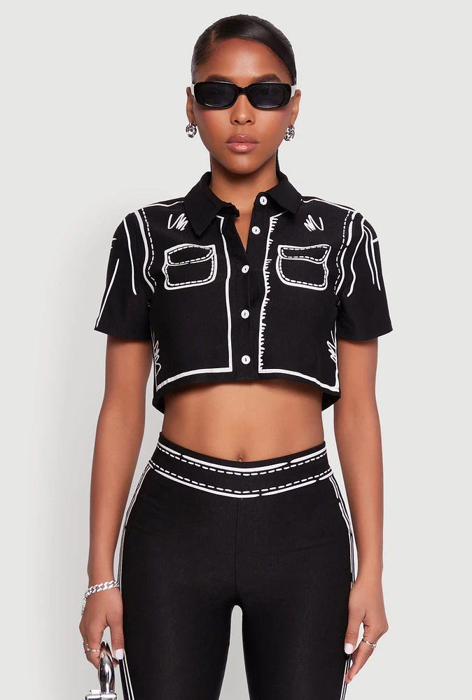 Womens 2D Optical Illusion Cropped Shirt, Black, Size M