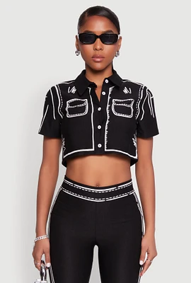 Womens 2D Optical Illusion Cropped Shirt, Black, Size M