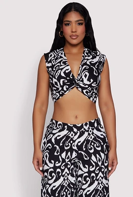 Womens Spoon Jeans Printed Pattern Twist Front Crop Top, Multi, Size XL
