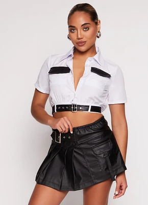 Womens Faux Leather Buckle Trim Cropped Shirt, White, Size M