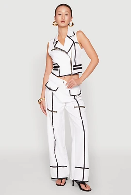 Womens Contrast Trim High Waisted Pants, White, Size M