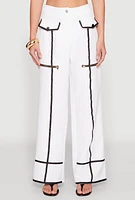 Womens Contrast Trim High Waisted Pants, White, Size M