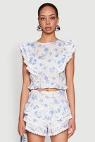 Womens Spoon Jeans Floral Tiered Flutter Sleeve Blouse, Multi, Size M