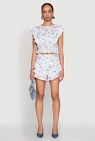 Womens Spoon Jeans Floral Tiered Flutter Sleeve Blouse, Multi, Size M