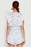 Womens Spoon Jeans Floral Tiered Flutter Sleeve Blouse, Multi, Size M
