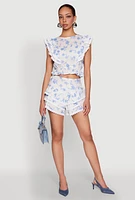 Womens Spoon Jeans Floral Crochet Trim Tiered Shorts, Multi,