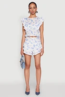 Womens Spoon Jeans Floral Crochet Trim Tiered Shorts, Multi,
