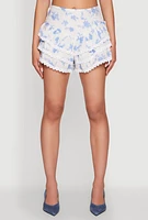Womens Spoon Jeans Floral Crochet Trim Tiered Shorts, Multi,