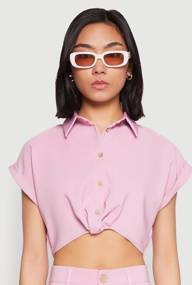 Womens Cuffed Sleeve Cropped Shirt, Pink, Size S