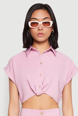 Womens Cuffed Sleeve Cropped Shirt, Pink, Size S