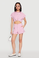 Womens Cuffed Sleeve Cropped Shirt, Pink, Size S