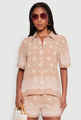 Womens Crepe Knit Bandana Print Shirt,