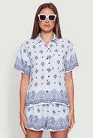 Womens Crepe Knit Bandana Print Shirt,