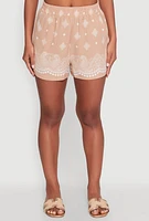 Womens Crepe Knit Bandana Print Shorts, Beige, Size M