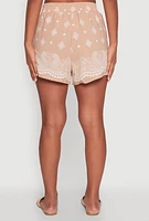 Womens Crepe Knit Bandana Print Shorts, Beige, Size M