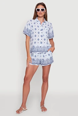 Womens Crepe Knit Bandana Print Shorts, Blue, Size S