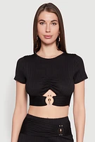 Womens O Ring Metallic Detail Cut Out Crop Top, M