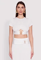 Womens O Ring Metallic Detail Cut Out Crop Top, White,