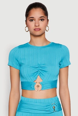 Womens O Ring Metallic Detail Cut Out Crop Top, Blue, Size S