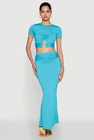 Womens O Ring Metallic Detail Cut Out Crop Top, Blue, Size S