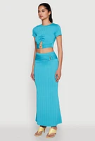 Womens O Ring Metallic Detail Cut Out Crop Top, Blue, Size S