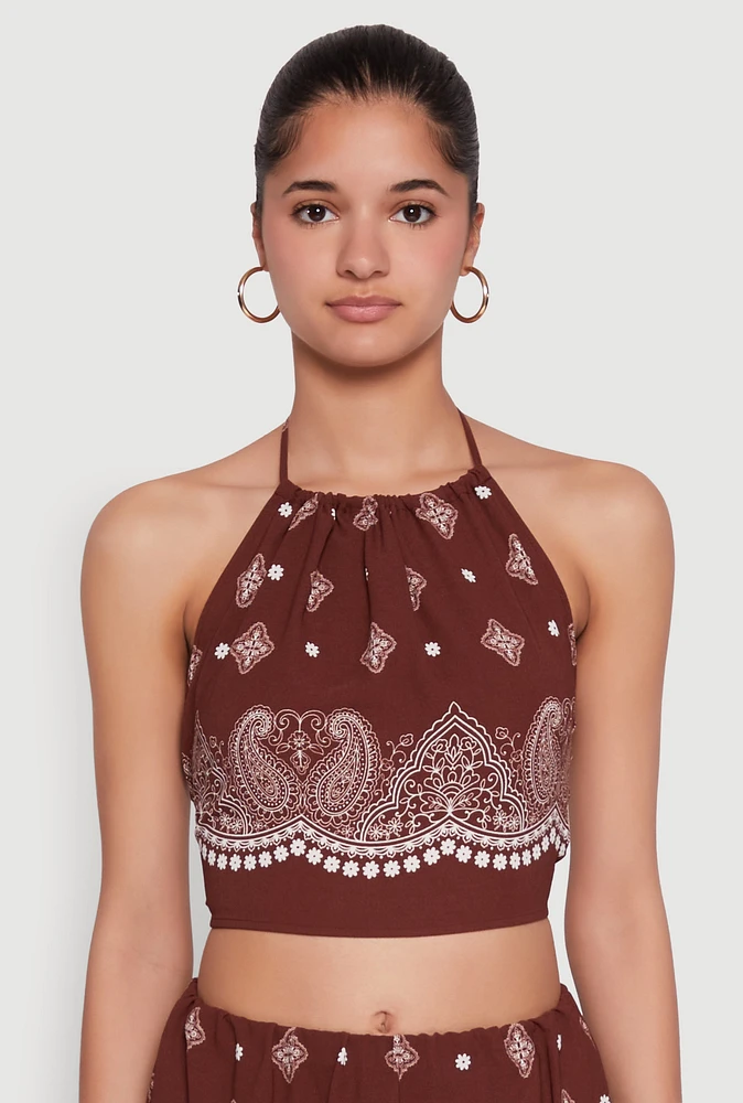 Womens Bandana Print Cropped Halter Top, Brown, Size L