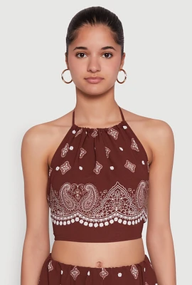 Womens Bandana Print Cropped Halter Top, Brown, Size L
