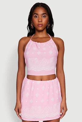 Womens Bandana Print Cropped Halter Top, Pink, Size XL