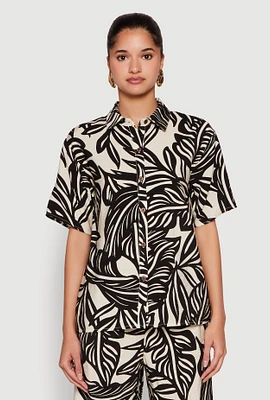 Womens Palm Leaf Print Button Front Shirt, Multi,