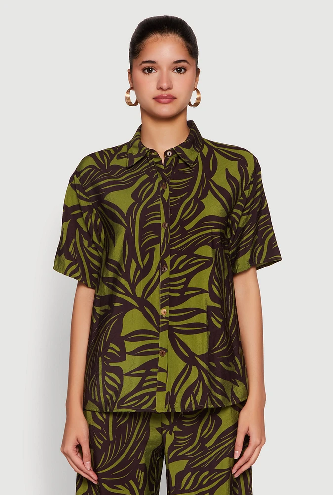 Womens Palm Leaf Print Button Front Shirt, Multi, Size L