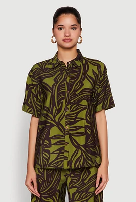 Womens Palm Leaf Print Button Front Shirt, Multi, Size L