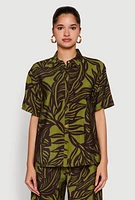 Womens Palm Leaf Print Button Front Shirt, Multi, Size L