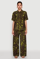 Womens Palm Leaf Print Button Front Shirt, Multi, Size L