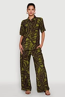 Womens Palm Leaf Print Button Front Shirt, Multi, Size L