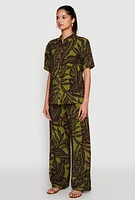 Womens Palm Leaf Print Button Front Shirt, Multi, Size L