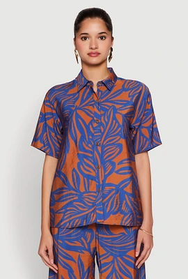 Womens Palm Leaf Print Button Front Shirt, Multi,