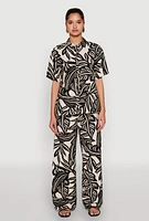 Womens Palm Leaf Print Wide Leg Pants, Multi,