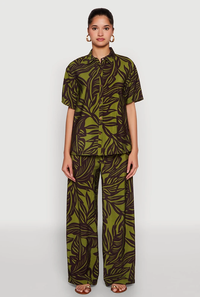 Womens Palm Leaf Print Wide Leg Pants, Multi, Size XL
