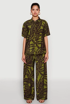 Womens Palm Leaf Print Wide Leg Pants, Multi, Size XL