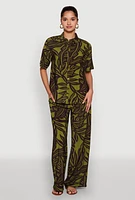 Womens Palm Leaf Print Wide Leg Pants, Multi,