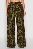 Womens Palm Leaf Print Wide Leg Pants, Multi,