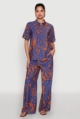 Womens Palm Leaf Print Wide Leg Pants, Multi, Size M