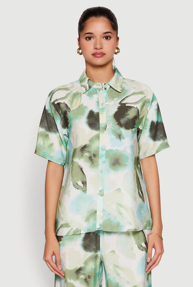 Womens Abstract Leaf Print Button Front Shirt, Green, Size XL