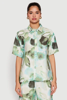 Womens Abstract Leaf Print Button Front Shirt, Green,