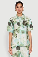 Womens Abstract Leaf Print Button Front Shirt, Green,
