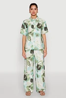Womens Abstract Leaf Print Button Front Shirt, Green, Size XL