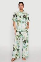 Womens Abstract Leaf Print Button Front Shirt, Green,