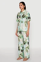 Womens Abstract Leaf Print Button Front Shirt, Green, Size XL