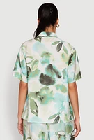 Womens Abstract Leaf Print Button Front Shirt, Green, Size XL